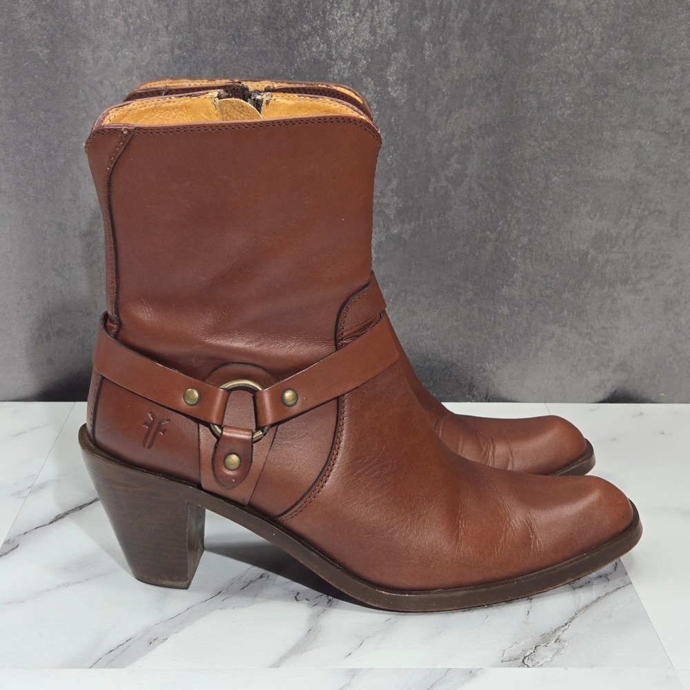 FRYE Romy Harness Ankle Boots Womens 7B Cognac Brown Leather O-Ring Western Moto